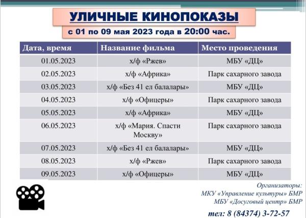 Афиша кинофильмов с 2 по 9 мая 2023г.